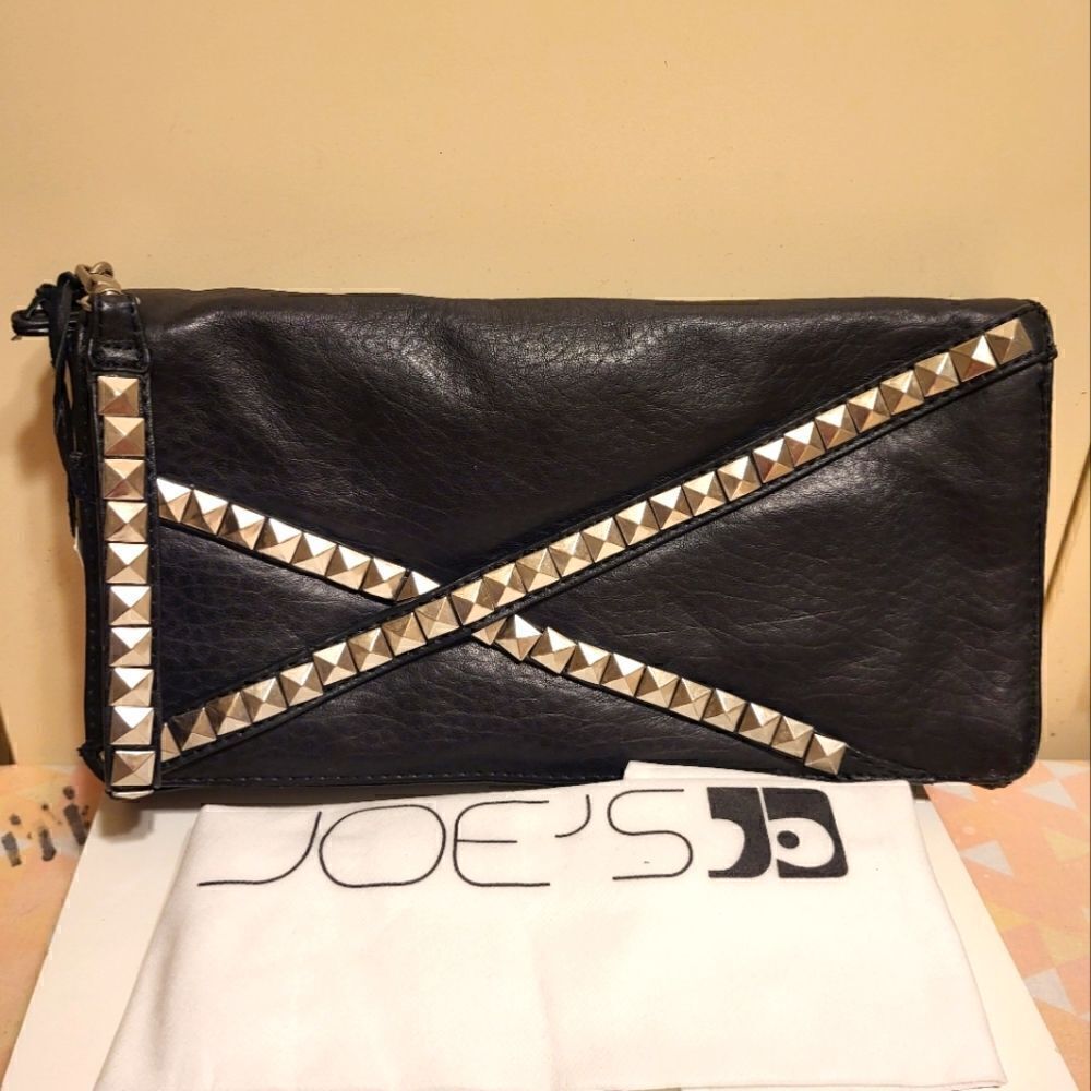 NWT Joe's Jeans Blck Leather Studded 3 Compartment Clutch Bag Ret $150 w/Dustbag